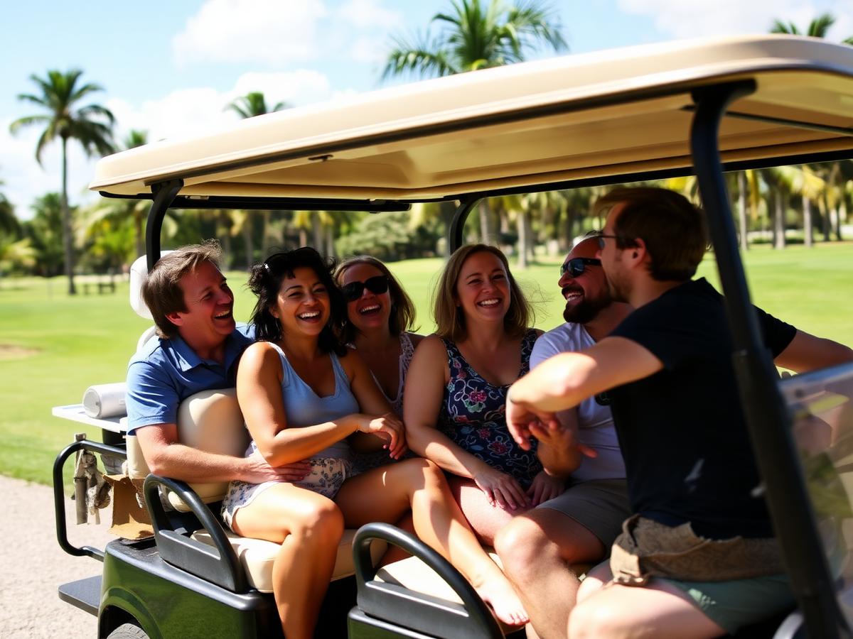 Friends laughing together in a golf cart on the course