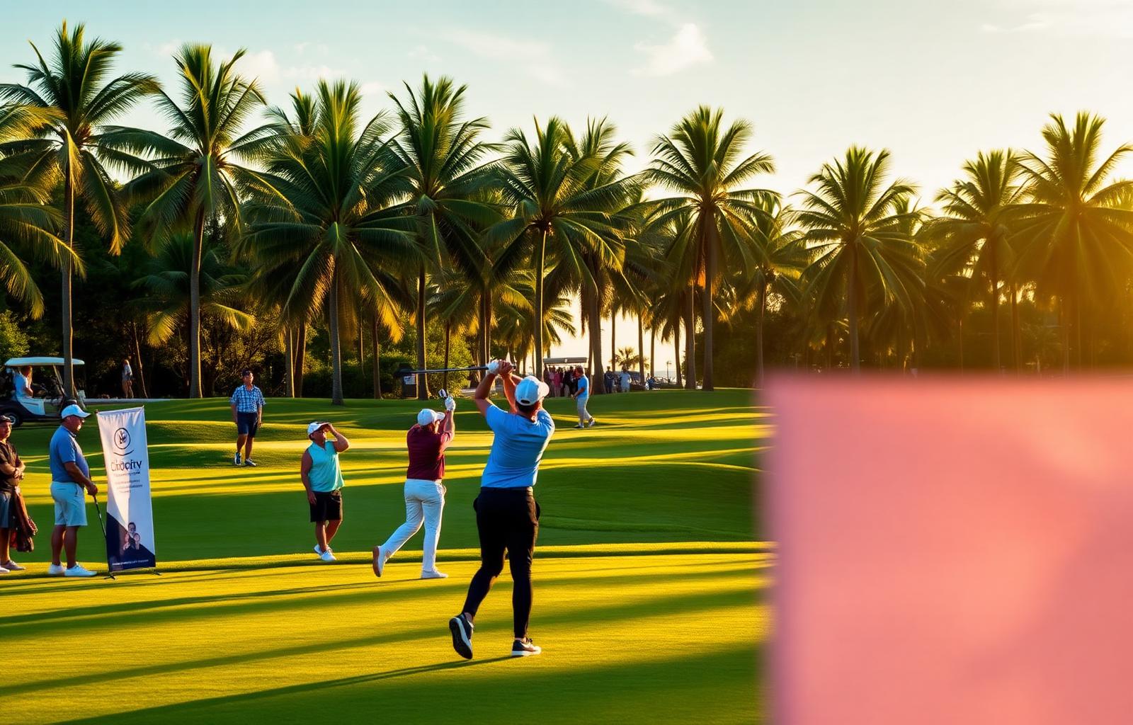 Golfers on a Florida fairway lined with palm trees at the Compassion Cup charity tournament