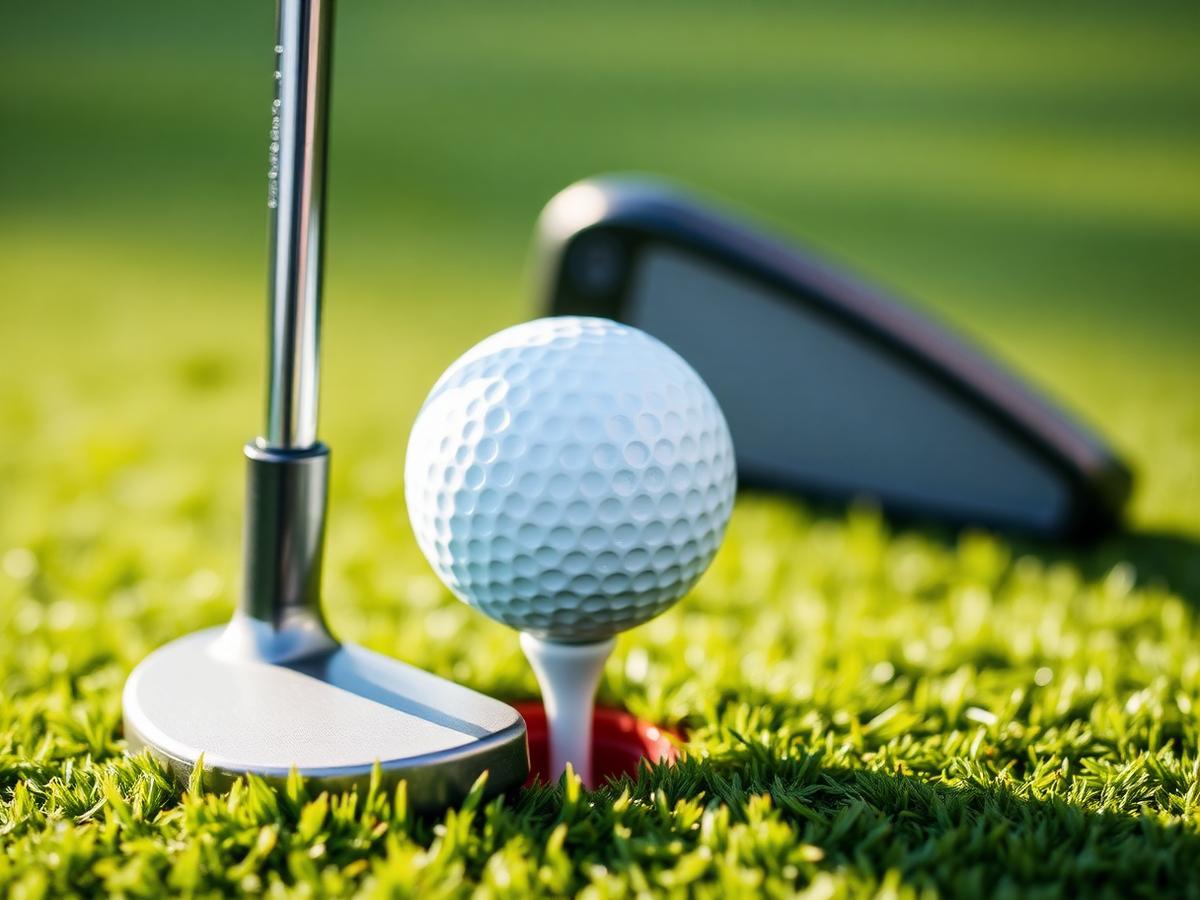 Golf ball on a tee with a putter on a manicured green